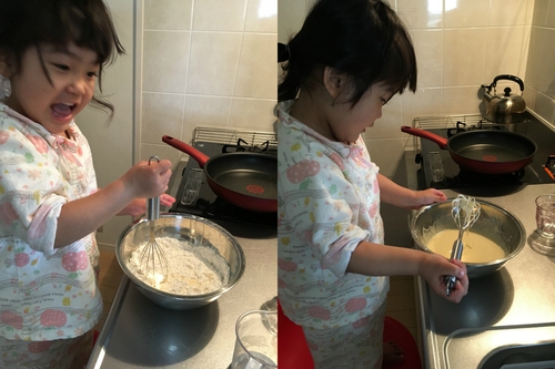 【初めて記念日】2歳8か月お料理に挑戦!これから一緒に色々挑戦していこうね~♡ 初めての料理ホットケーキ朝ごはん2歳