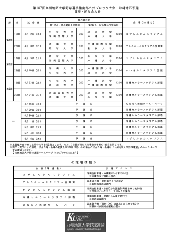 第107回九州地区大学野球選手権南部九州ブロック大会・沖縄地区予選について 第107回九州地区大学野球選手権南部九州ブロック大会・沖縄地区予選について