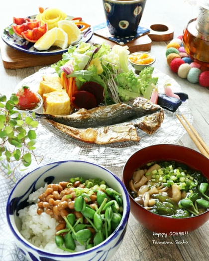 大豆若葉と柑橘の休日彩り朝ごはん 大豆若葉と柑橘の休日彩り朝ごはん