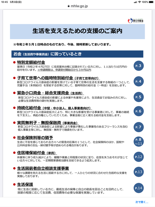 持続化給付金、生活支援、雇用調整助成金、特別定額給付金