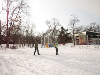 北海道札幌中島公園で雪遊び