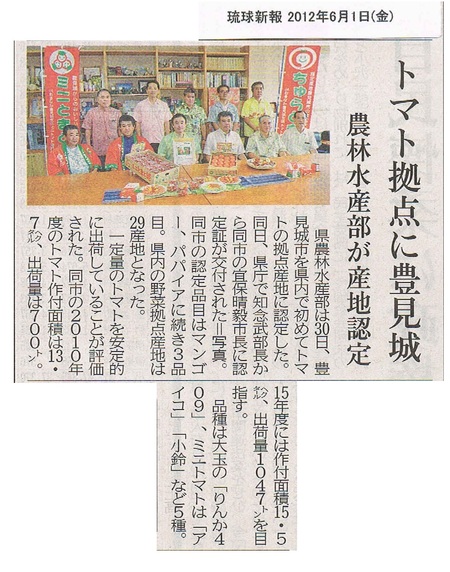 豊見城市がトマトの拠点産地に認定されました。