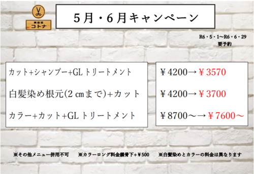 ５月・6月キャンペーン、5月のお休み　