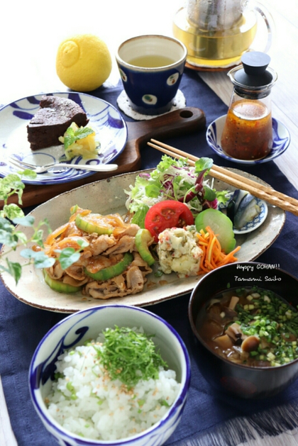 ヘチマと豚肉しょうが焼きのランチ