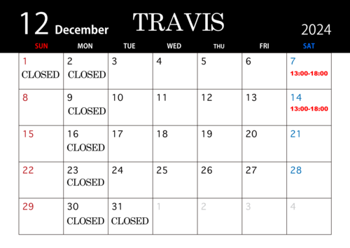 12月の定休日及び営業時間の案内です。